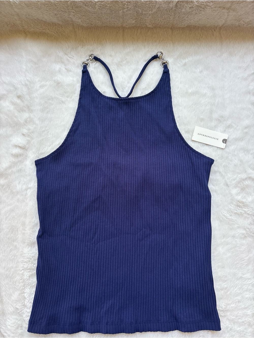 NWT Anthropologie Maeve Navy Blue Ribbed High Neck Tank Top Chain Detail M